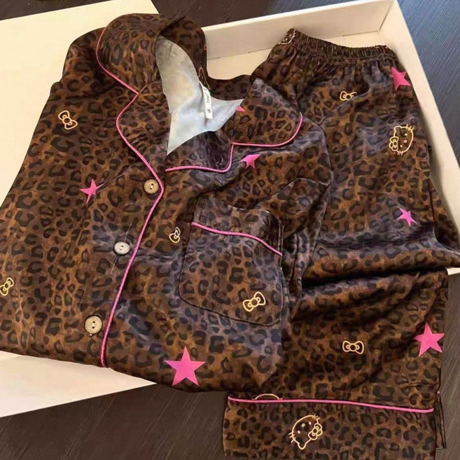 [노아르파자마] 여성 키티 호피 핑크 별 패턴 파자마 세트 긴팔 긴바지 홈웨어 잠옷