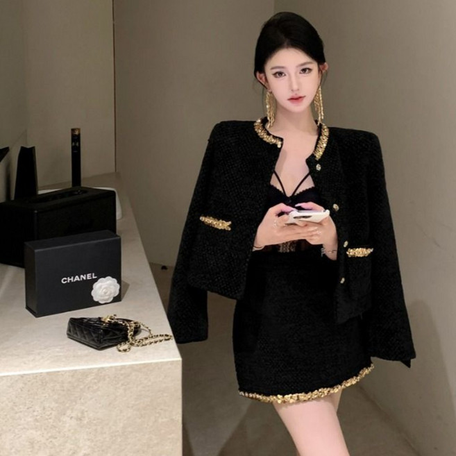 프렌치룩 여성 트위드 세트 봄가을 패션 명원풍 스팽글 숏 코트 + 미니 스커트 겨울 기질 슬림핏 투피스 YHY