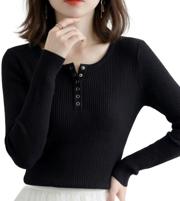 여성 골지 모달 라운드 슬림핏 긴팔 티셔츠