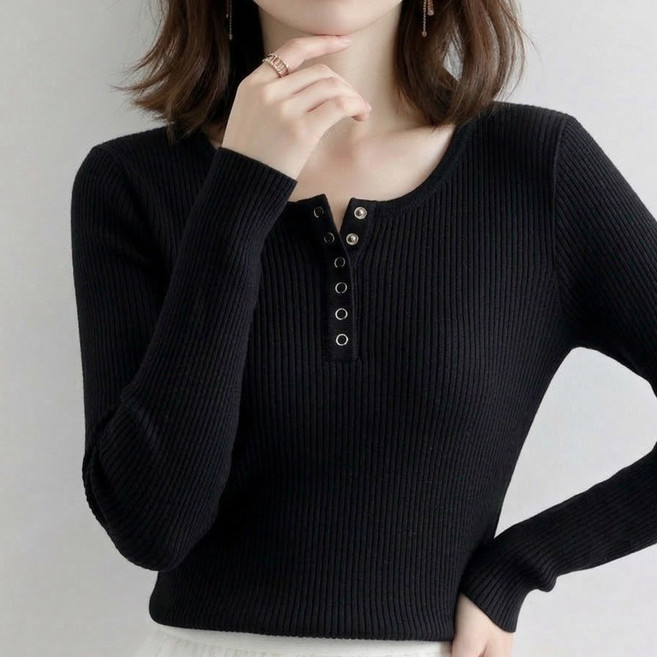 여성 골지 모달 라운드 슬림핏 긴팔 티셔츠