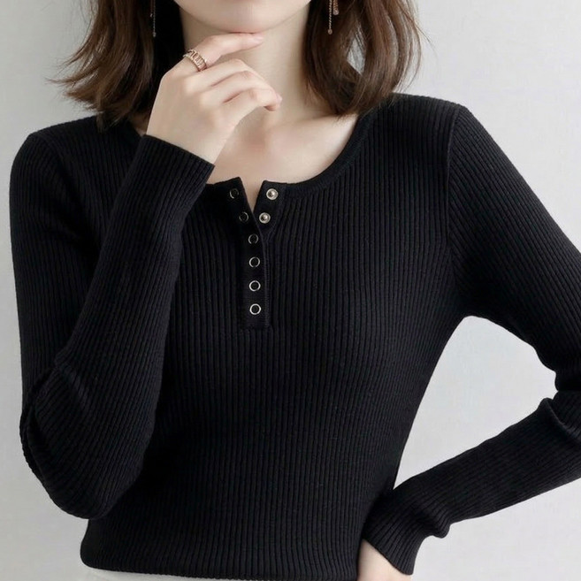 여성 골지 모달 라운드 슬림핏 긴팔 티셔츠