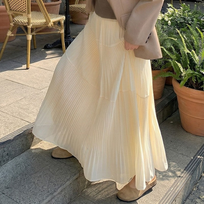 스토리원 WM-SSSK045 여성 파스텔 플리츠 롱 스커트