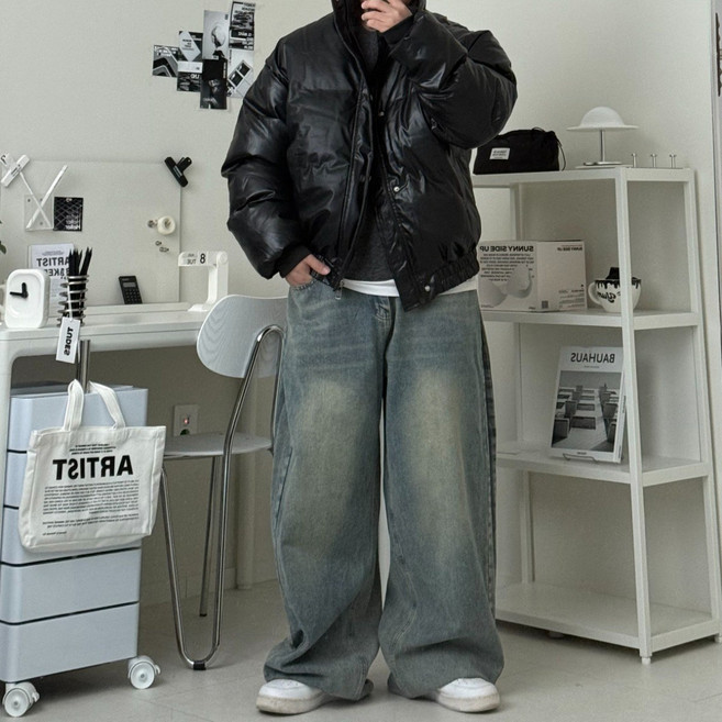 르위 오버핏 레더 숏패딩 가죽점퍼 두꺼운 하이넥 겨울 다운자켓 남녀공용