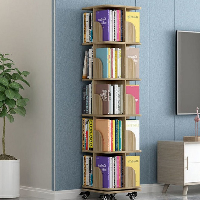 루스리더 공간절약 360도 회전 이동식 책꽂이 책장 자가조립 RG6, 4단, 원목색