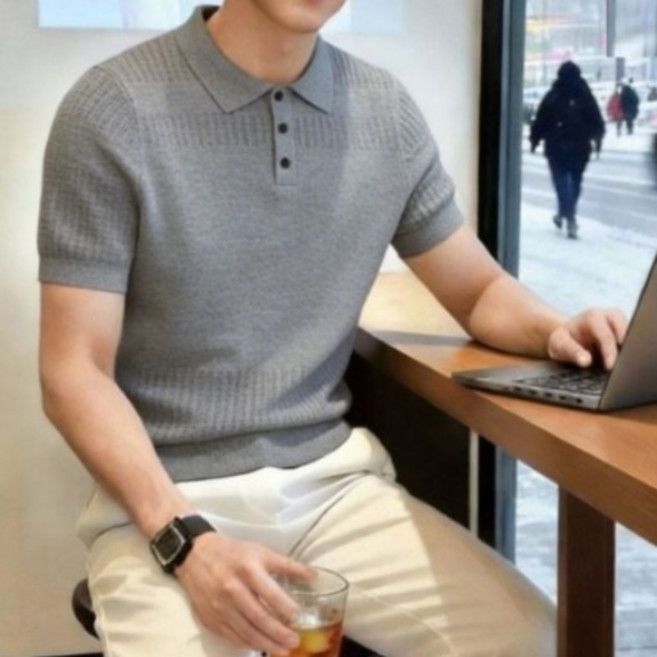 보그핏 M8663 뜨든반팔티 / 남성 여름 심플 카라넥 니트 반팔