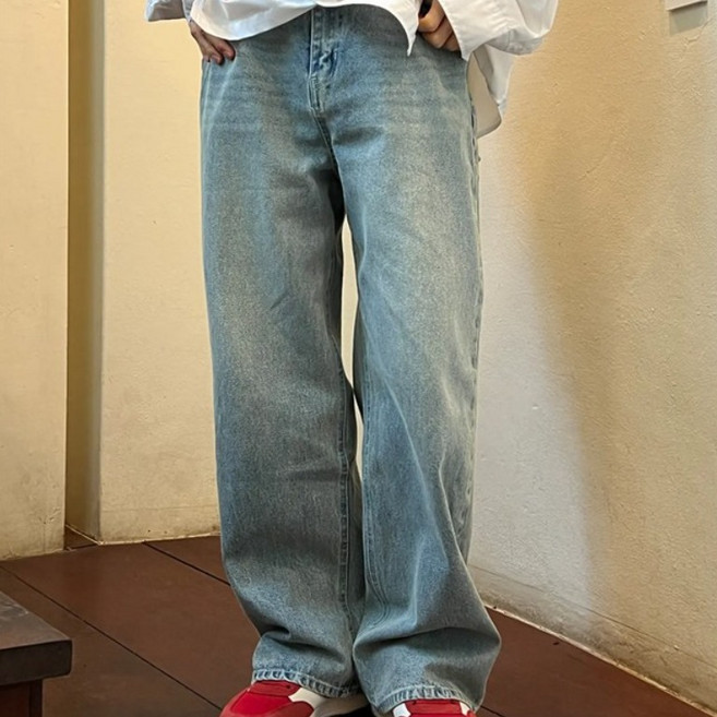 놈브레 뒷밴딩 무지 워싱 와이드 데님 팬츠[라이트블루]