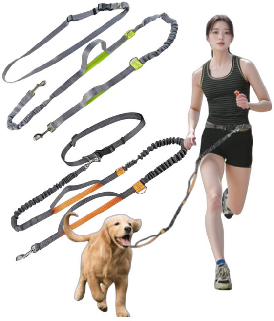 와글토이 강아지 리드줄 핸즈프리 길이조절 목줄, 1개, 레몬+그린 세트