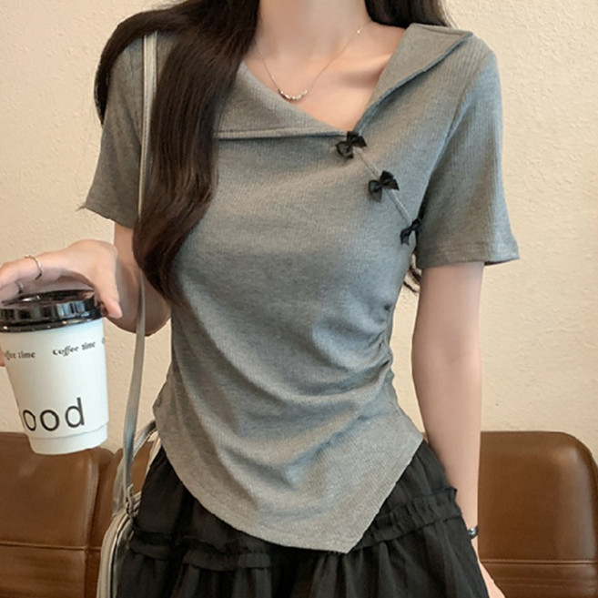 ANYOU 여름 여성 반팔 티셔츠 슬림 핏 비대칭 디자인 상의