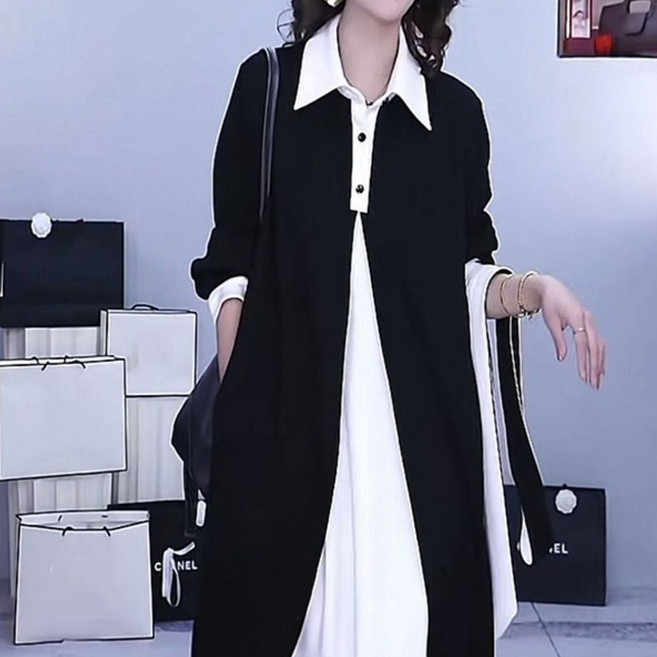 AOKADA 여성 봄 가을 루즈핏 레이어드 긴팔 셔츠핏 결혼식 하개룩 오피스룩 롱 원피스