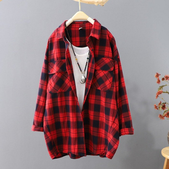 여성용 데일리 루즈핏 체크 남방 빅사이즈 미디 일반 칼라 긴팔 셔츠