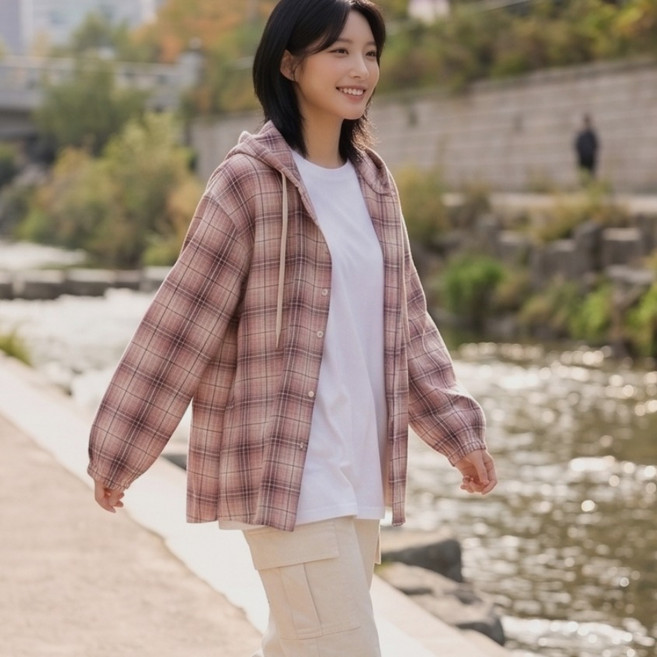 미키마우스 자수 체크 후드남방 오버핏 셔츠 셔켓