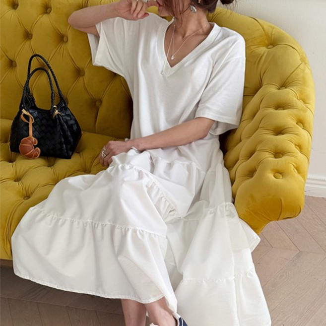 [난닝구]커멜프 브이넥캉캉반팔원피스