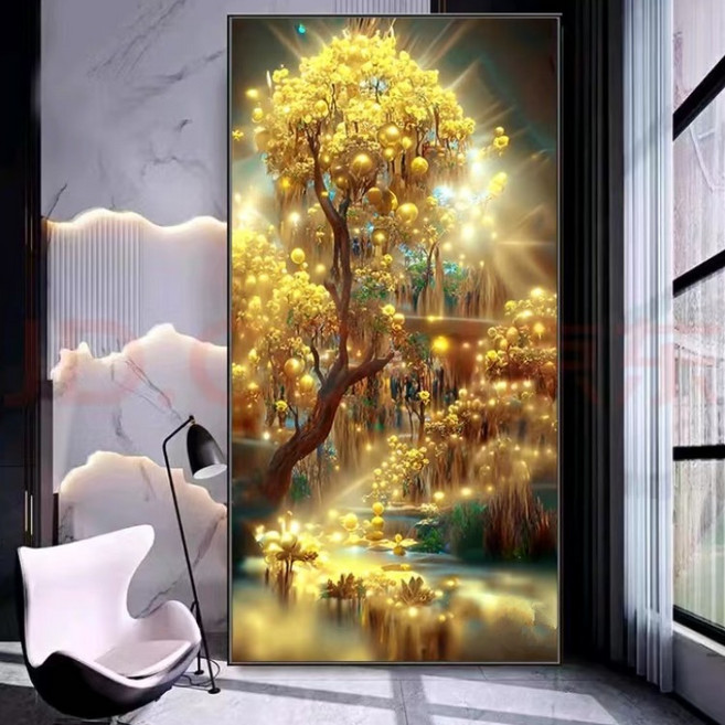 루비스타 DIY 보석십자수 황금 재물 부귀 풍수 돈들어오는 돈나무 부자되는 금전수 (캔버스아님 액자없음) 50x90 cm, 1개, 황금색