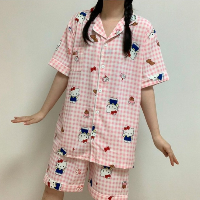 블핑 커플 잠옷 여성 남성 고양이 반팔 블루 핑크 체크 청소년 공용 파자마 빅사이즈 홈웨어 잠옷 세트