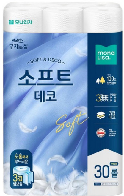 모나리자 부자되는집 프리미엄 천연펄프 고급화장지 3겹 소프트데코, 1개, 30롤, 30m