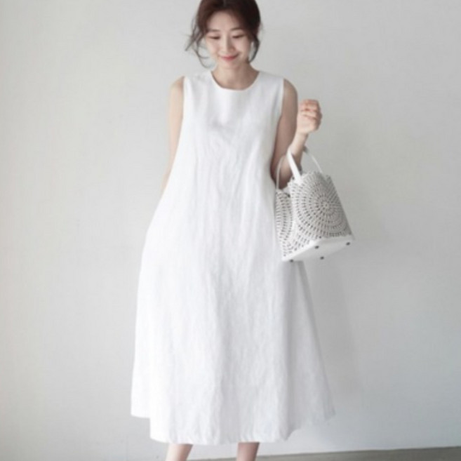 에쥬아 데일리 민소매 원피스 루즈핏 A라인 린넨 롱원피스 면마 플레어 원피스