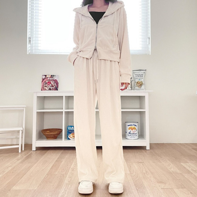 쏘옷 여성용 벨벳 투웨이 후드 집업+코듀로이팬츠 세트