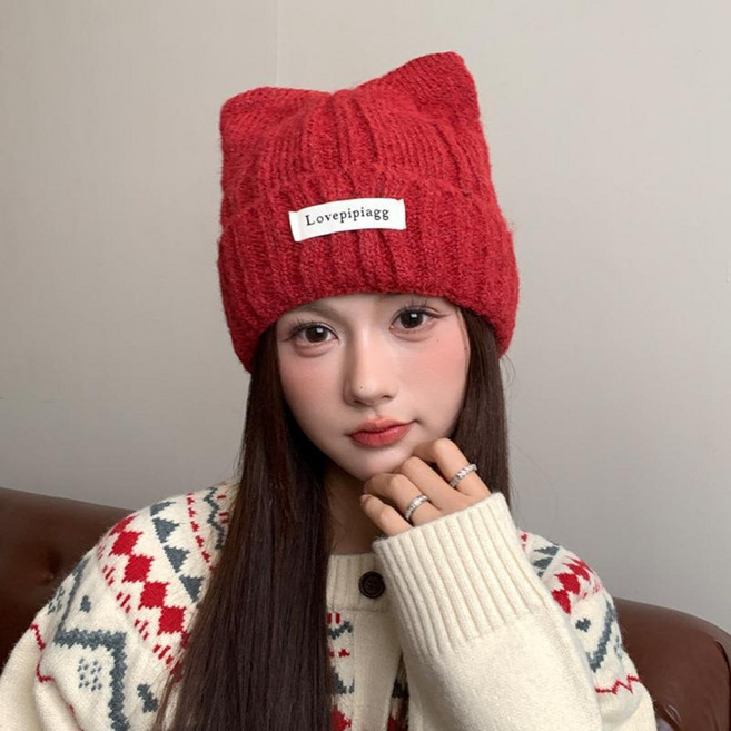 [재고 정리 세일]귀여운 고양이 귀 니트 모자 여성용 봄 데일리 소두핏 커플 비니 보온 귀달이 모자