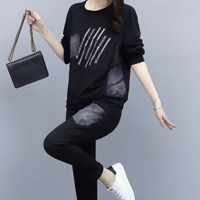 빅사이즈 여성복 편안한 데일리룩 봄가을 루즈핏 캐주얼 프린트 세트 캐주얼 트레이닝복