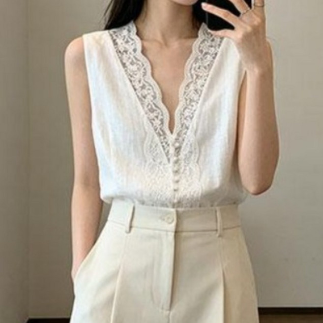 여름 여자 민소매 티셔츠 레이스 패치 브이넥 슬림핏 여자 나시 블라우스 YHY