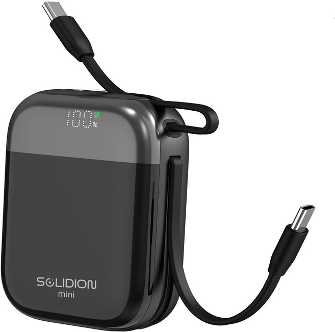 아이시 솔리디온 미니 준고체 보조배터리 10000mAh 초소형 듀얼 C타입 케이블 일체형 22.5W 고속충전 난연소재 기내반입 CCC인증, 블랙