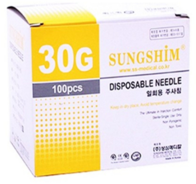 성심메디케어 일회용 멸균 주사침 30G 13mm 100ps 병원 의료용 니들 개별포장 피부과 여드름 성장 바늘, 100개, SS-30GX13mm