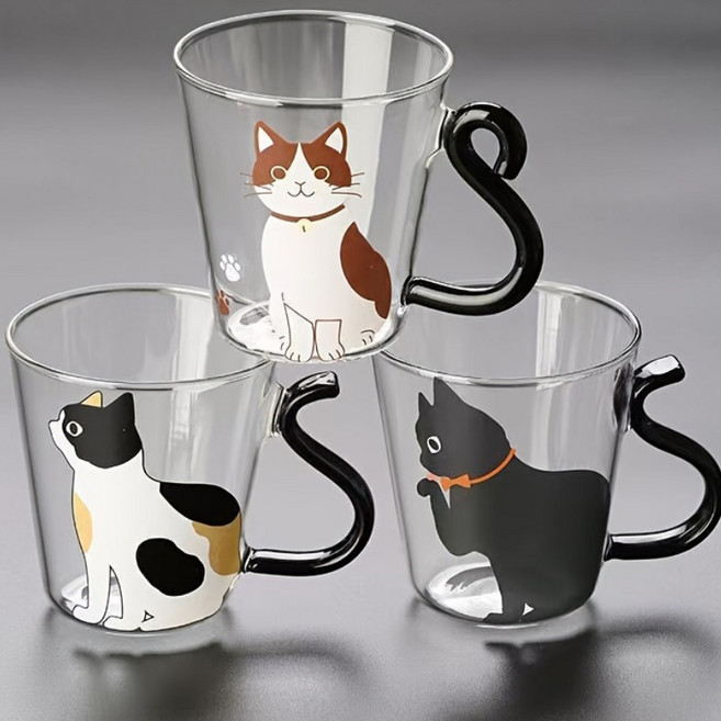 창의적인 고양이 유리컵 핸들 달린 카툰 고양이 주스 얼음컵 커피잔 용량 300ml, 1개, 검은색