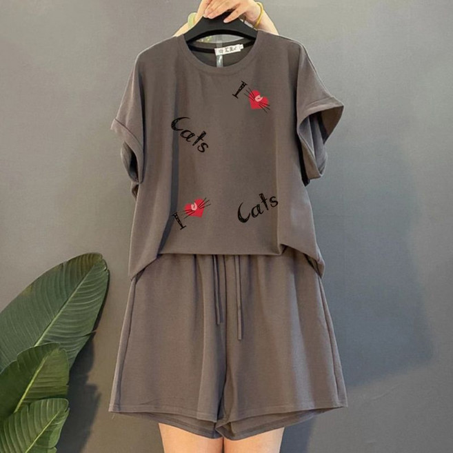 빅사이즈 여성 데일리 프린트 반팔 반바지 투피스 오버핏 반팔 트레이닝 상하의 세트