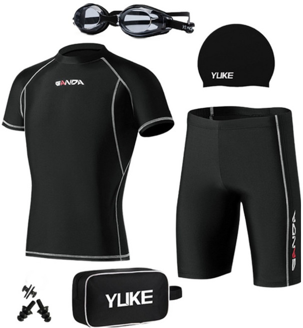 남자수영복 7종세트 실내수영복 반바지 수경 수모세트, 블랙