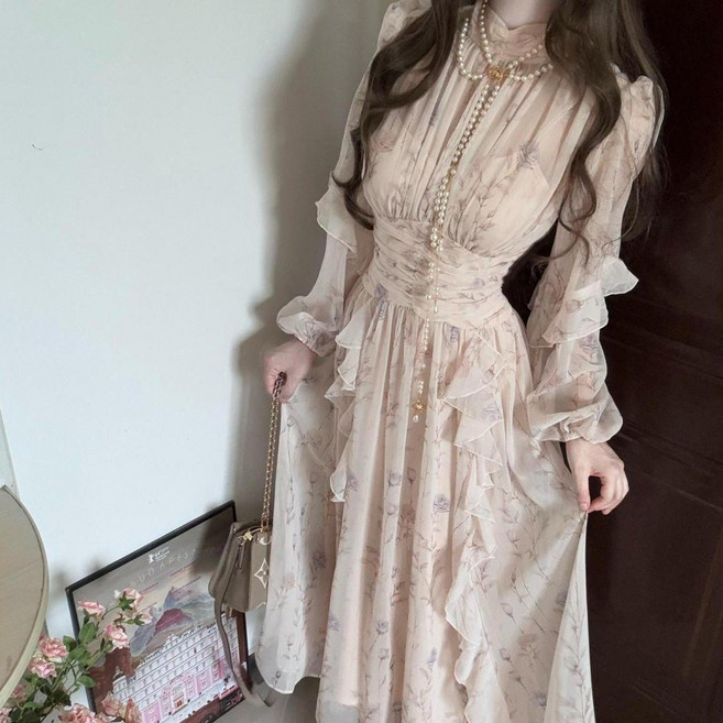 봄 가을 여성 롱 원피스 플로럴 롱 드레스 우아한 시폰 프릴 빈티지 스타일 JS