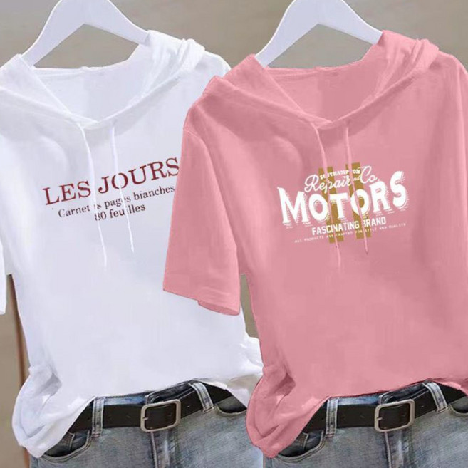 1+1 여성 여름 반팔 티셔츠 캐주얼 후드 풀오버 상의 루즈핏 기질 순면 반팔 후드티 2P MJS