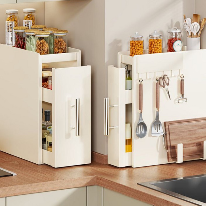 Izeriel 풀업 수납 선반 슬림 방진 철제 선반 다용도 수납함 양념통선반 조미료 수납함 공간 활용 서랍장 자석 걸이+도마 선반 포함, 1개, 화이트