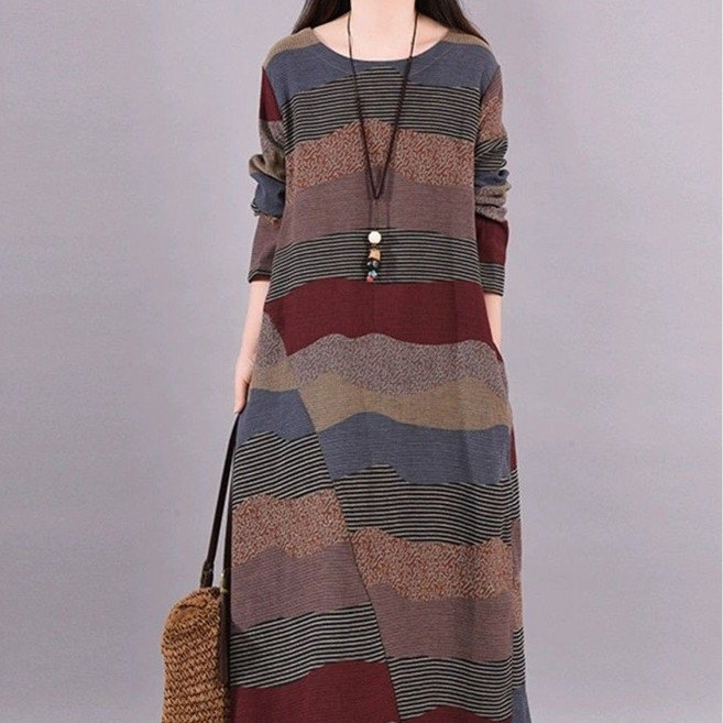 Asure 여자 빈티지 린넨원피스 스트라이프 루즈핏 라운드 롱원피스