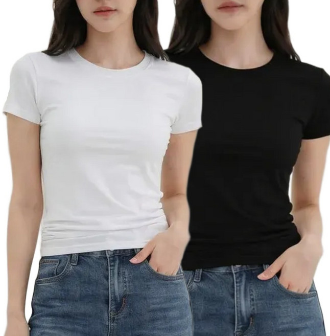 도도미아 1+1 여성 슬림핏 스판 라운드 반팔티