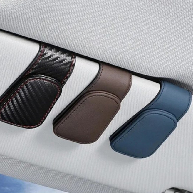 대롱나무 차량 승용차 SUV 썬바이저 썬글라스 카드 PU 가죽 고정 컴팩트 편의성 편리성 고정 스트랩 자석식 보관대 클립 타입, 블루, 1개