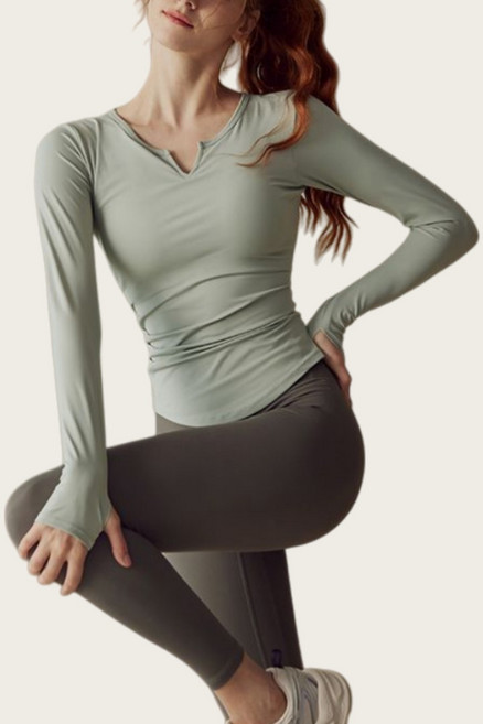 Makone 여성 봄 가을 브이넥 긴팔 트레이닝복 솔리드 이너 사계절 요가 필라테스 상의