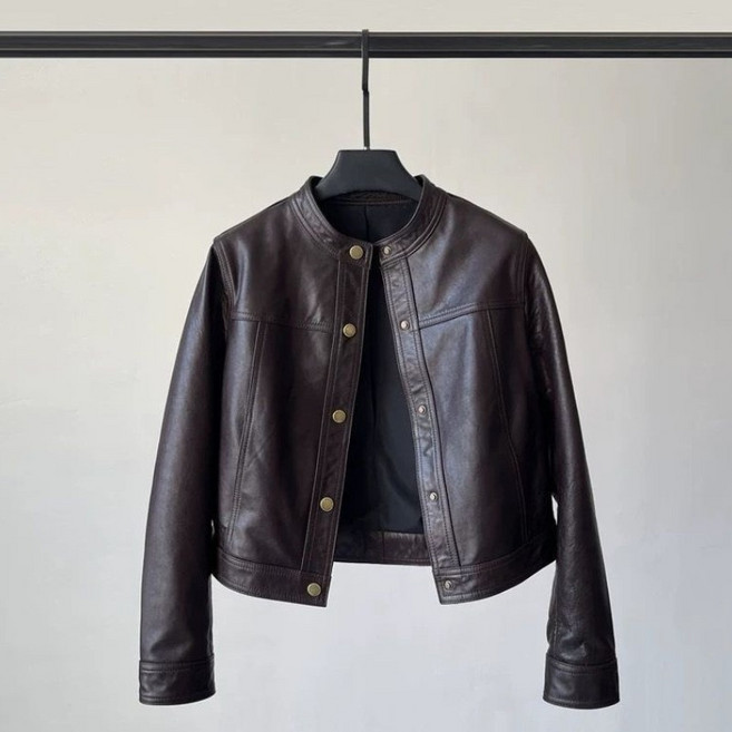 AOKADA 여성 봄 가을 슬림핏 차이나넥 크롭 레더 자켓 키작녀 PU가죽 라이더 자켓