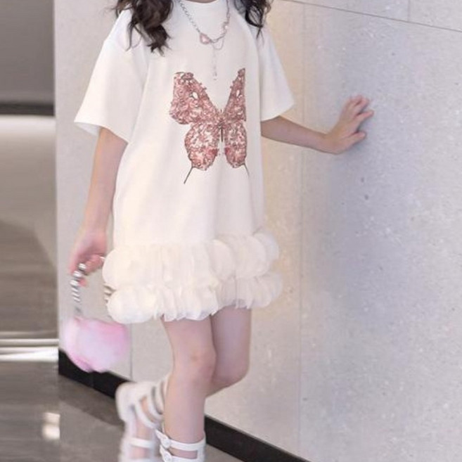 해피유통 여름 나비 프린트 반팔 원피스 퍼프 레이스 디자인 디자인14세 이상