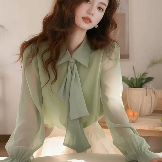 여성 스타일리쉬한 녹색 리본 오피스룩 긴팔 셔츠 블라우스