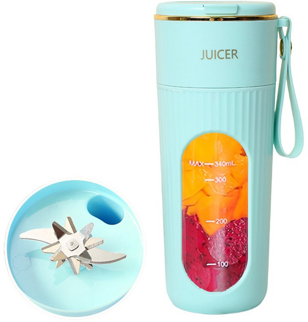 HOMIE 믹서기 14날 칼날 강력한 모터 착즙기 USB 충전식 휴대용 소형 믹서기 350ML, 파란색