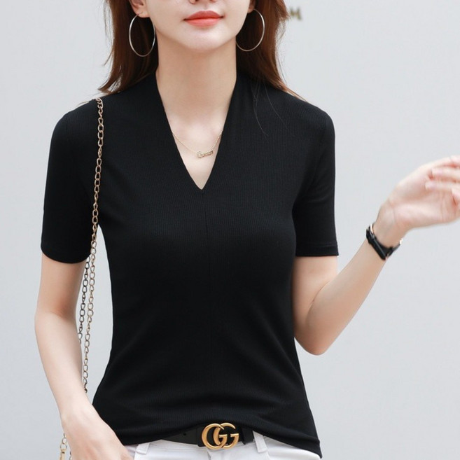 JBHLZXCP 여성용 슬림핏 골지니트 티셔츠 여자 베이직 심플 브이넥 반팔 니트티 섹시 정장 이너 반팔티