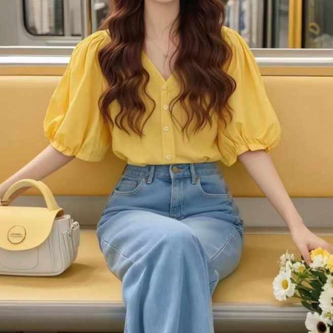 해피유통여성 여름 쉬폰 V넥 버튼 반팔 블라우스 달콤한 퍼프 소매K03