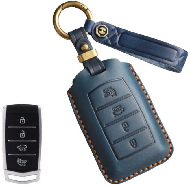 제네시스 빈티지 레더 리얼 핸드메이드 가죽 스마트 차 키 케이스 G GV 70 80 90 EQ900 DH, GN D 4 블루