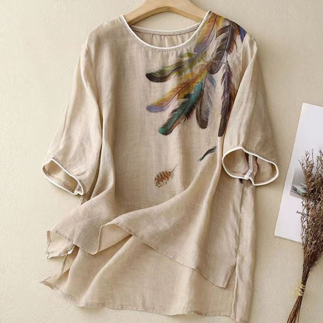 ORZQU 여름 중년여성용 린넨 라운드넥 반팔 블라우스 심플 루즈핏 반팔티 상의 엄마옷 빅 사이즈