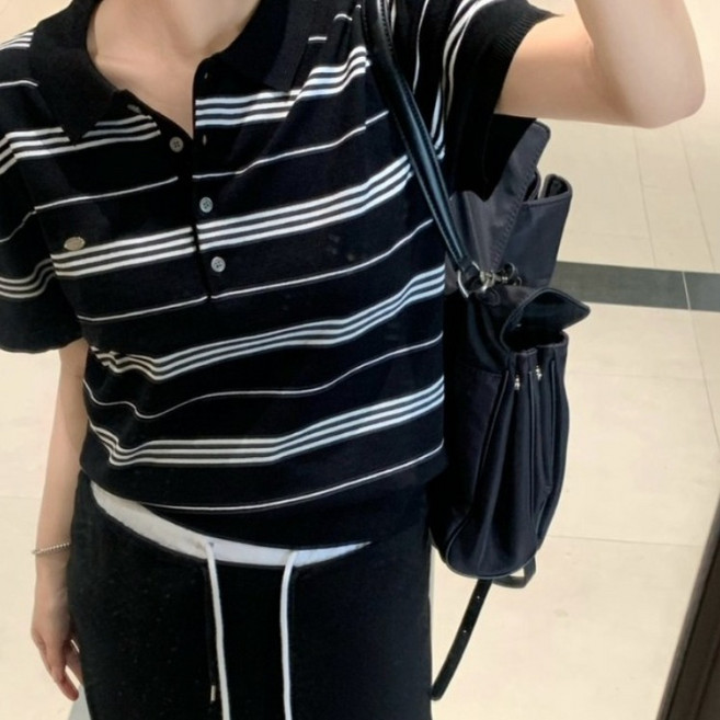 서진맘 여성 캐주얼 카라넥 폴로 스트라이프 니트 반팔 티