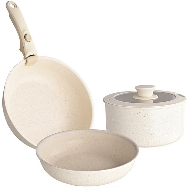 냄비 도구 식품 등급 코팅 냄비 세트 주방용 냄비 탈부착 손잡이 5피스, 1세트, 프라이팬26cm+프라이팬20cm+탕솥18cm, 크림