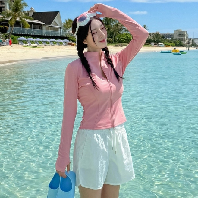 5컬러+3사이즈 UPF50+ 스토미 래쉬가드 슬림핏 하이넥 집업 긴팔 여행 여름 여성 여자 상의 비치웨어 스윔웨어, 핑크