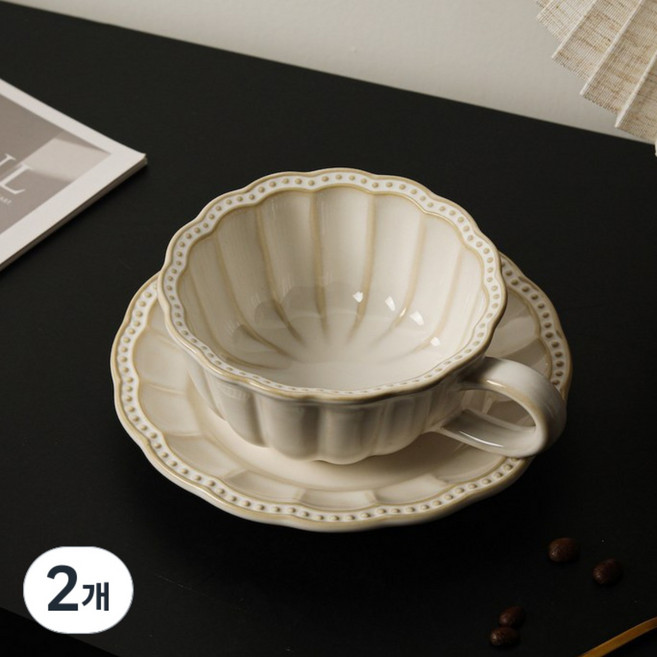 메이크유어홈 고급 커피잔 빈티지 라떼잔 세트 소서 카푸치노잔 250ml, 2개, 화이트