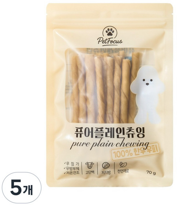 펫포커스 한우우피껌 오래먹는 강아지껌 국내산 수제간식, 5개, 70g, 퓨어플레인츄잉