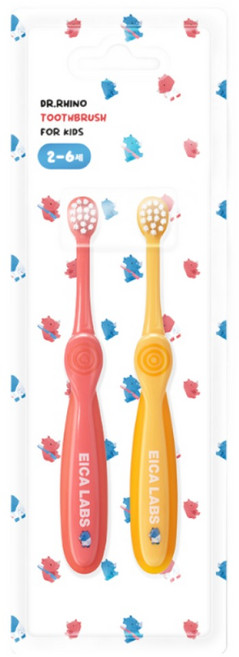 BPA FREE 에이카랩스 어린이 유아 코뿔소 칫솔 2종 만2세 이상 초등학교 저학년 유치원 어린이집, B타입(노랑+분홍), 1세트, 2개입